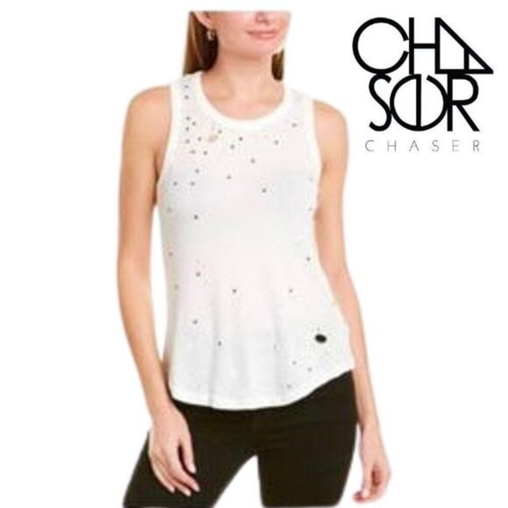 Chaser White Studded Distressed Cotton‎ Tank Top